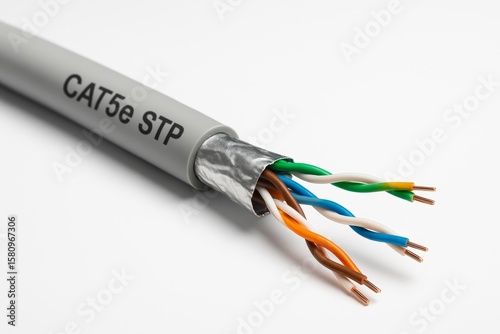 CAT5e Shielded Twisted Pair ethernet cable showing colored wires and copper conductors on white