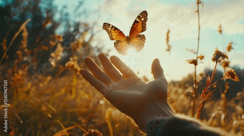 flying butterfly and human hands on abstract sunny natural background. end of summer concept. freedom. encounter man and nature. harmony, peaceful atmosphere landscape