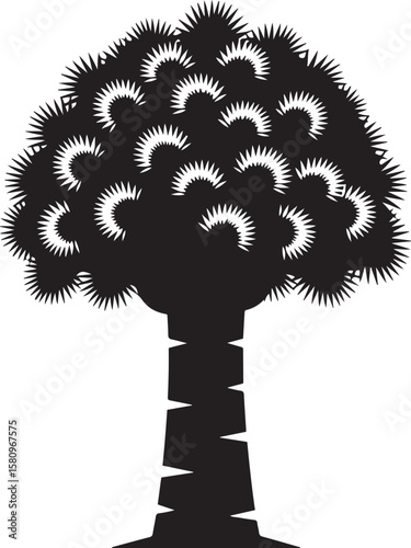 Black silhouette of a palm tree with spiky leaves black and white