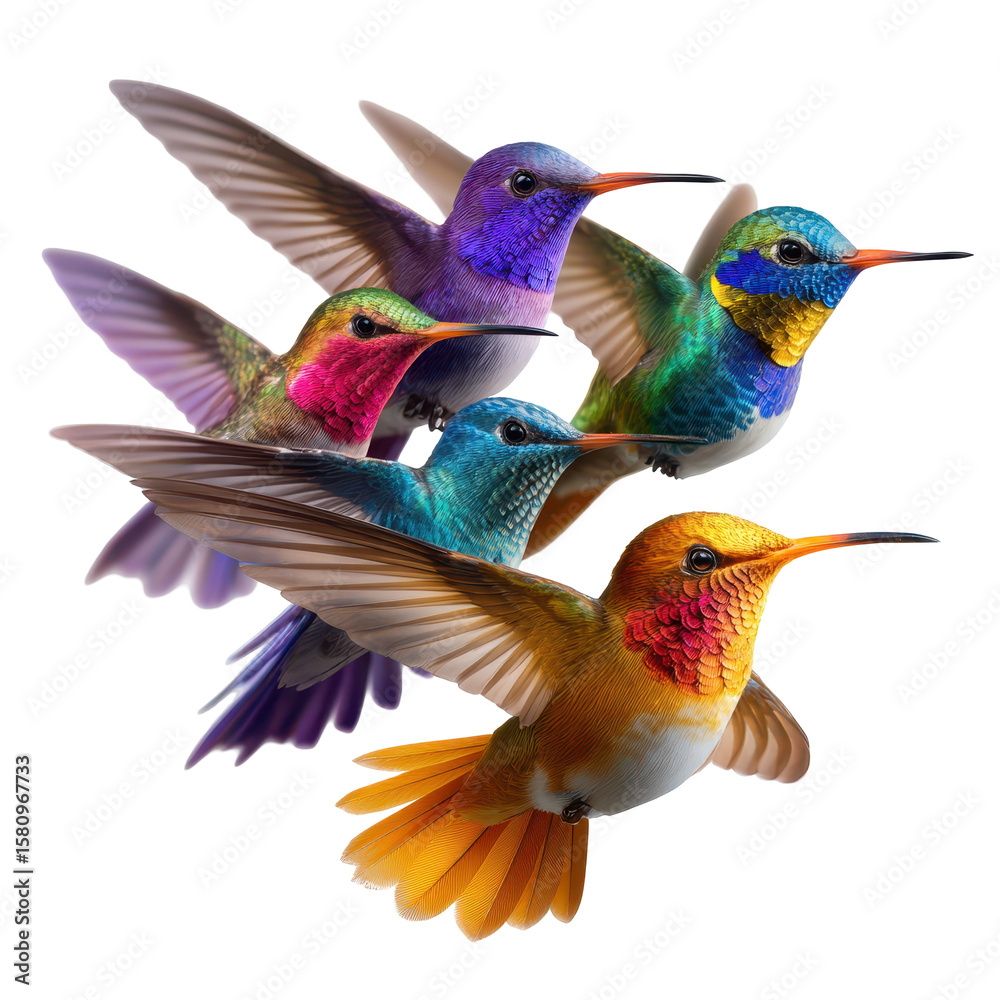 Obraz premium Colorful hummingbirds in flight display vibrant feathers and graceful movements in a natural setting during daylight hours