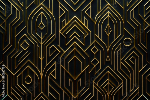 Intricate geometric gold lines pattern on a dark black background art deco style