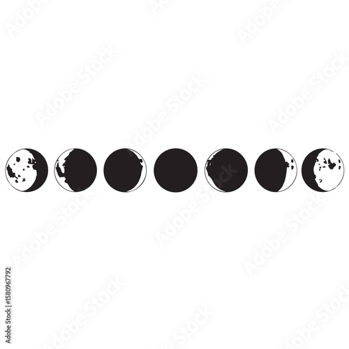 Moon phases vector illustration in black and white showing the cycle of the lunar month