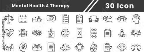 Line Icon set of Mental health. Thin line editable stroke icons Loneliness, campaign, helpline, bipolar, mental care, panic.