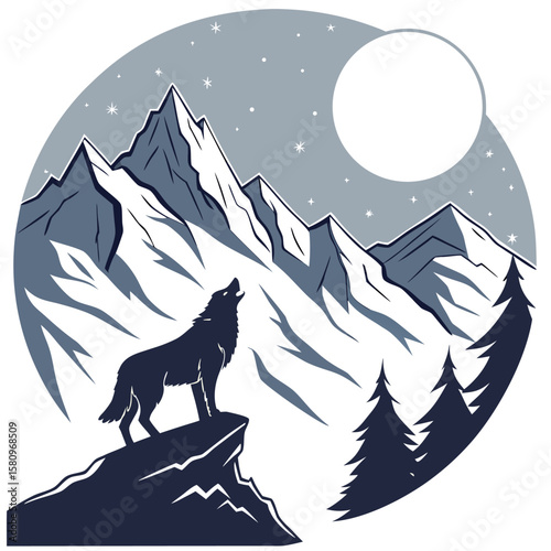 A lone wolf howls at the full moon from a rocky precipice against a backdrop of snow capped mountains and starry night sky