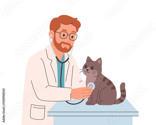 Veterinary doctor examining and cure cat in veterinarian office. Pet in a veterinary clinic. Veterinarian day. Vector illustration in flat style