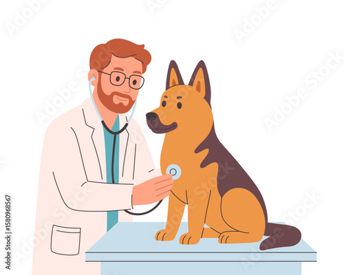 Veterinary doctor examining and cure dog. Veterinarian day. Vector illustration in flat style