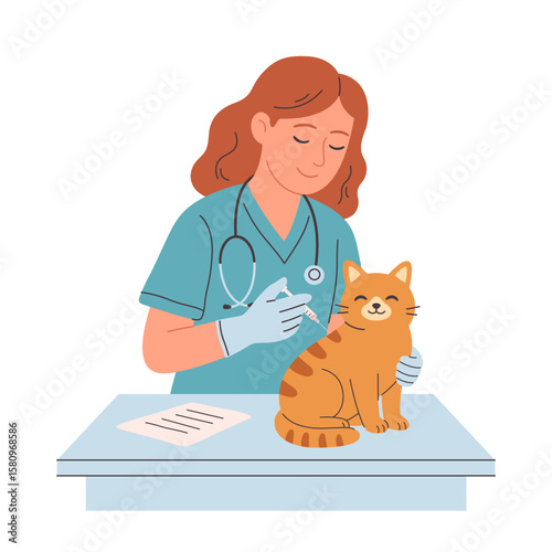 Veterinary doctor examining and cure pet in veterinarian office. Pets in a veterinary clinic. Veterinarian day. Vector illustration in flat style