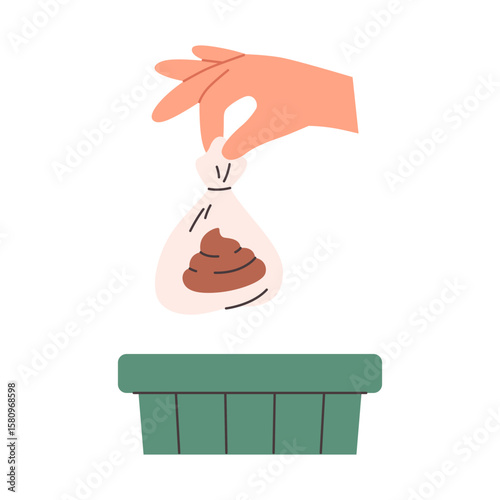 Clean up after your dog concept. Hand throws poop in a bag into a trash can. Pet care, environmental awareness waste disposal. Vector illustration in flat style