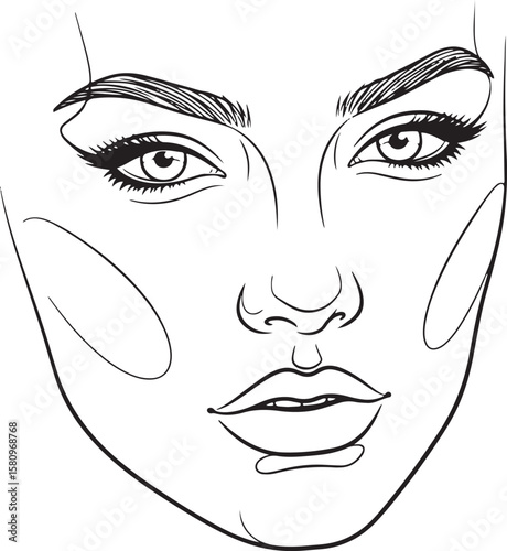 A vector illustration of a beautiful female face for makeup artist practice a detailed line art