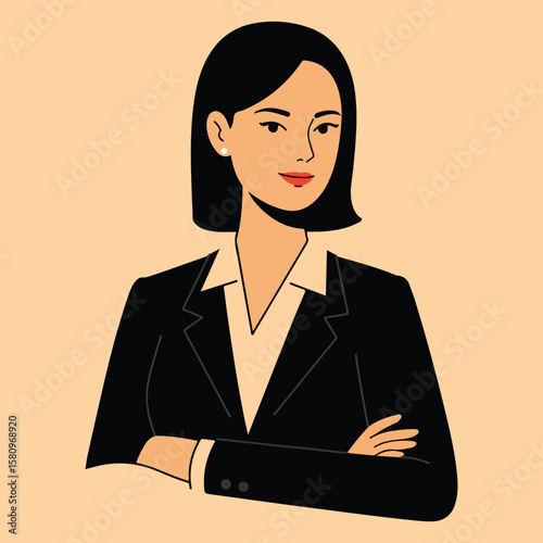 A vector illustration of a businesswoman with dark bobbed hair wearing a suit with arms crossed looking confident