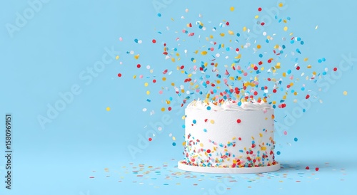 Minimalist white cake with confetti for online platform birthday on blue