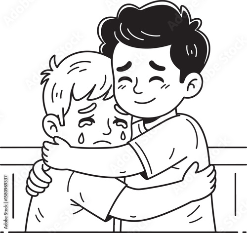 A vector illustration of a cheerful person comforting a sad, crying friend with an empathetic hug
