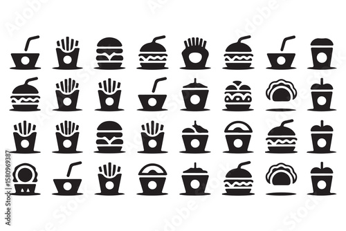 Fast food icons including burgers drinks and french fries vector
