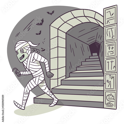 Cartoon mummy running out of a dark ancient tomb with hieroglyphs and stairs while bats fly in the background