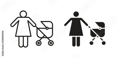 Woman with Baby Stroller icon, outline vector sign, linear and solid style pictogram isolated on white.
