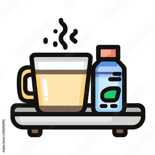 Stylized flat-design illustration of a gray tray with a steaming light-brown coffee mug and a small blue-white water bottle, minimalist aesthetic.