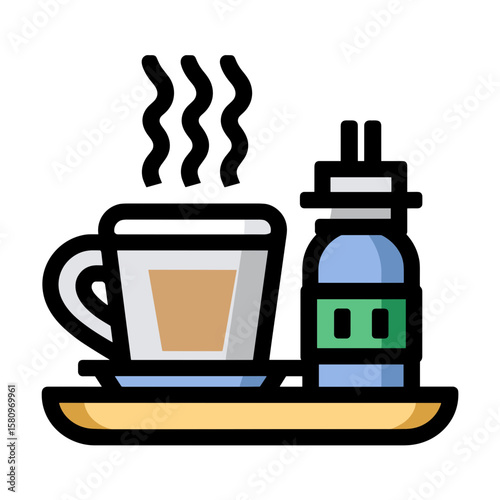 Steaming cup of hot coffee with wavy rising steam, accompanied by a blue-grey cylindrical container, both resting on a light brown tray against a plain white background