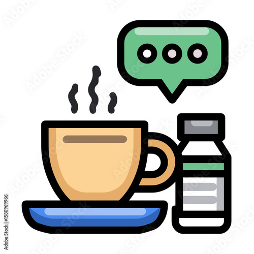 Stylized flat-design illustration of a gray tray with a steaming light-brown coffee mug and a small blue-white water bottle, minimalist aesthetic.