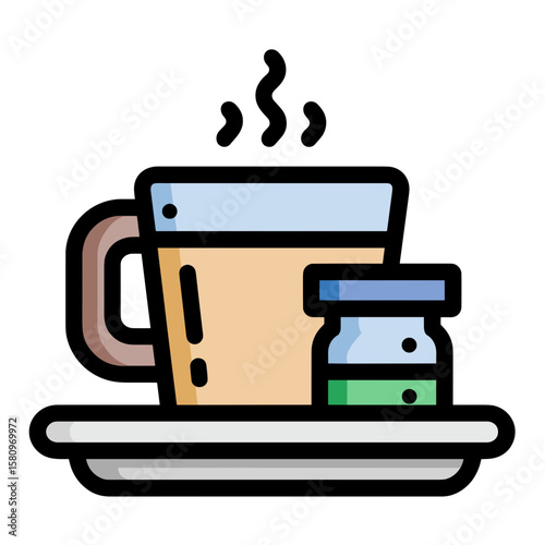 Stylized flat-design illustration of a gray tray with a steaming light-brown coffee mug and a small blue-white water bottle, minimalist aesthetic.