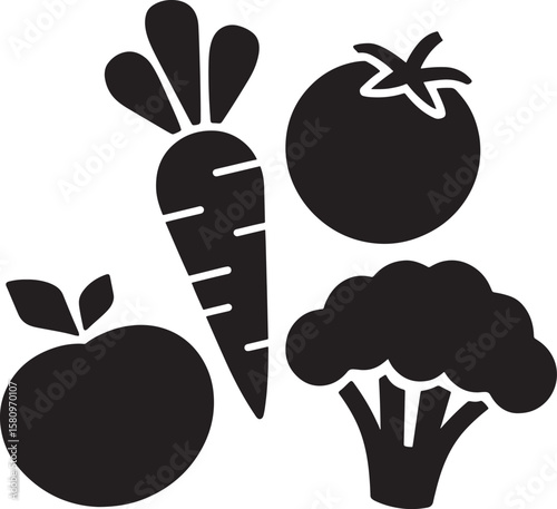 Silhouette of Fresh Vegetables Carrots, Tomatoes, Broccoli, and Apples in a Black and White Vector Illustration - Healthy Eating, Organic Produce, and Vegan Lifestyle.