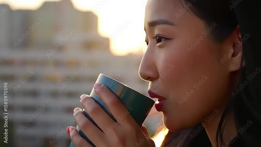 Asian woman smiles holding drink during golden hour on a rooftop