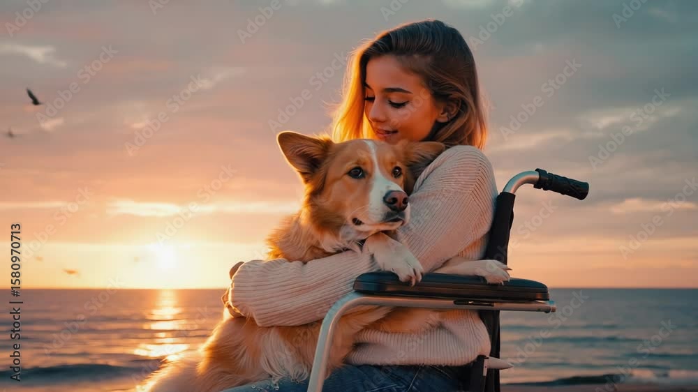 The woman holds her dog tightly, looks into distance. Birds fly over the sea at sunset. Warm sweater, soft golden light, cinematic shot. Camera slowly moves side to side, showing emotion and freedom.