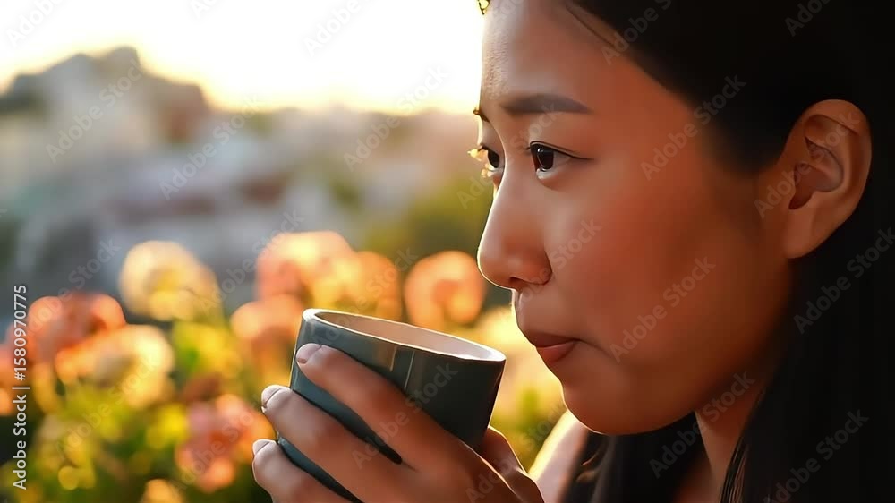 Peaceful Asian woman enjoys morning coffee with golden sunlight