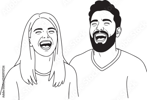 A vector illustration of a happy couple laughing out loud together conveying joy and shared humor in outline.