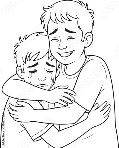 A vector illustration of a happy person comforting a sad, crying friend with a warm embrace.