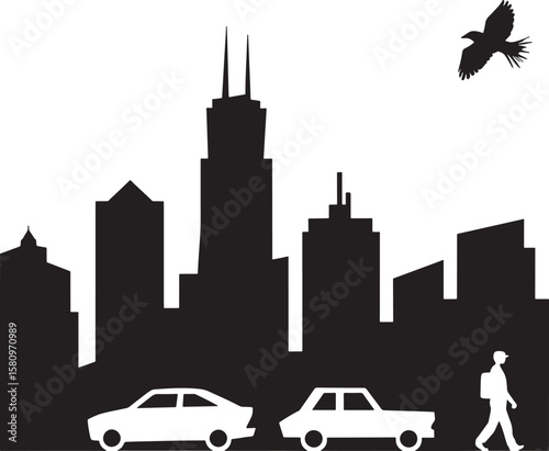 Chicago Skyline Silhouette with Pedestrian and Bird An Abstract Representation of Urban Life and Travel Destinations in Illinois