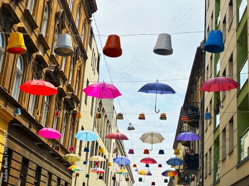 Photography Budapest street decorated with umbrellas.