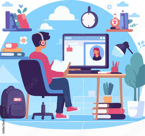Child Attending Online Class – Remote Learning Vector