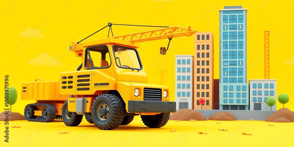 Naklejka premium Cute cartoon construction crane, yellow vehicle, and city buildings on a playful yellow background, infant, sweet