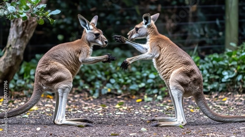 Two kangaroos standing upright in a natural environment.