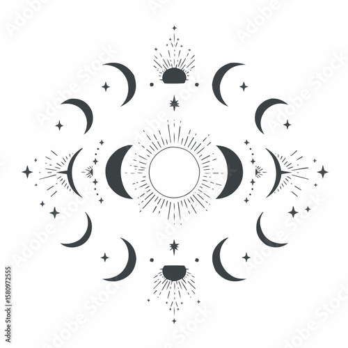 Celestial Moon Phases Sun Stars Mystical Spiritual Boho Design Element Vector