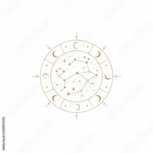 Celestial Wheel Constellation Design with Moons and Stars in Gold, Mystical Illustration