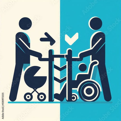 a sliding barrier between two stylized figures, one of which moves in a wheelchair and the other in a wheelchair, bold color palette, clear shapes, expressive visual message.