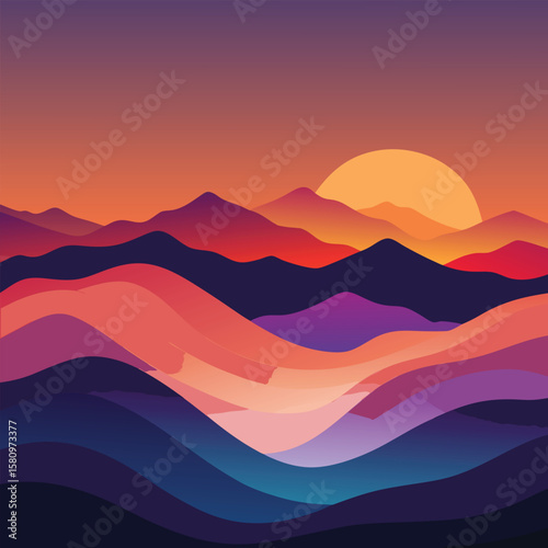 Abstract Sunset Landscape Vector Illustration of Layered Mountains