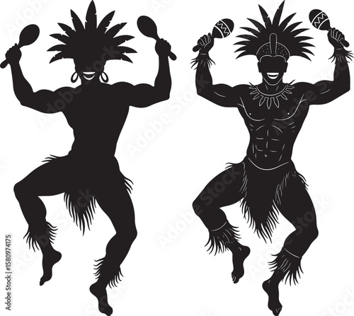 Two tribal dancers with feather headdresses and maracas silhouette