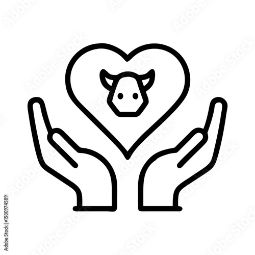 Animal welfare and protection concept showing hands holding a heart with a cow inside icon