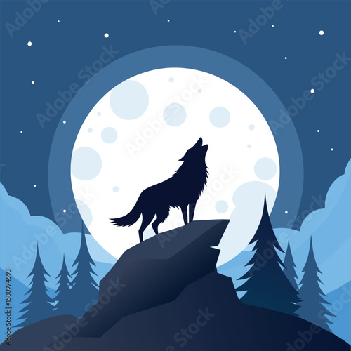 Wolf silhouette howling on a snowy hilltop