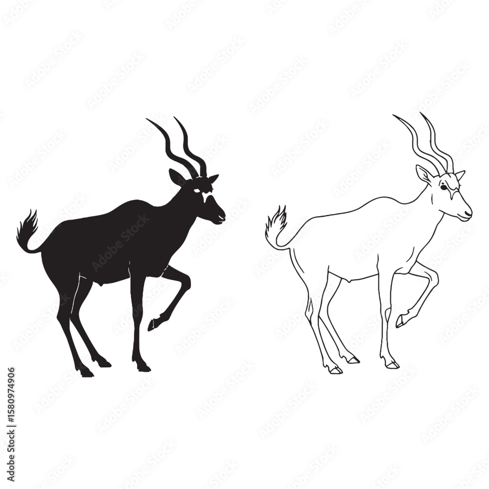 Obraz premium Illustrating Its Distinctive Coat - Addax Body Outline Package - Defined Silhouette and Precise Lineart - Addax silhouette - Addax lineart - Addax vector - silhouette & lineart of Addax