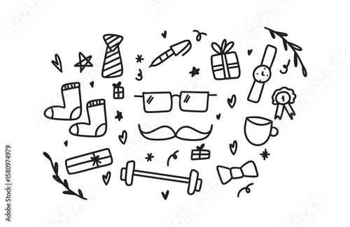 Hand drawn doodle icons – mustache, tie, socks, watch, mug, heart, ribbon, barbell, bow tie, gifts and cute sketch elements