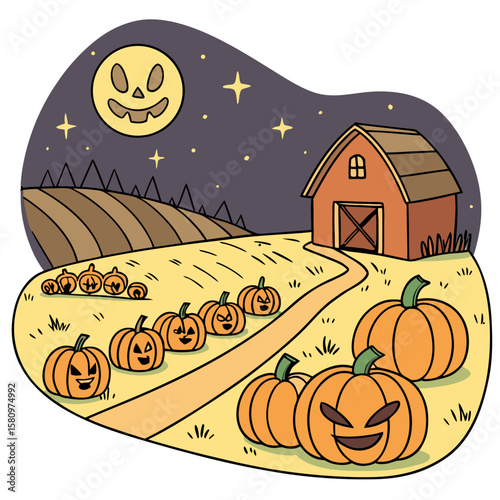 A charming hand drawn illustration of a spooky halloween night scene featuring a pumpkin patch with carved jack o lanterns a rustic barn and a grinning full moon in a starry sky above a farm field