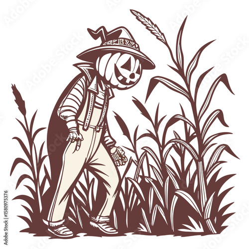 A whimsical illustration of a friendly pumpkin headed scarecrow character wearing a hat and overalls standing in a cornfield during autumn