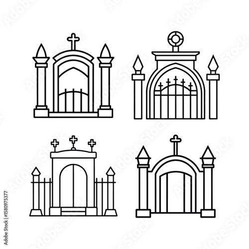 Cemetery gate line art set of vector illustration