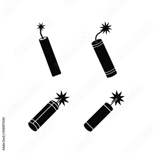 Set of a dynamite stick with lit fuse silhouette vector illustration