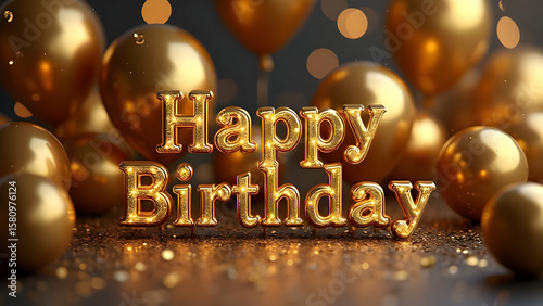Luxurious golden birthday setup with metallic balloons, sparkling confetti, and elegant decor capturing festive vibes and celebration aesthetics perfectly.