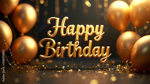 Luxurious golden birthday setup with metallic balloons, sparkling confetti, and elegant decor capturing festive vibes and celebration aesthetics perfectly.
