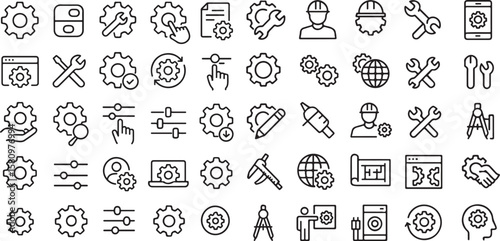 Collection of outline icons representing engineering tools settings and technical processes isolated on transparent background